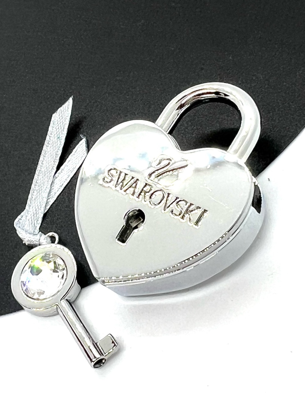 Swarovski Silver Heart Padlock Crystal Key Bag Charm Ornament Lock Set